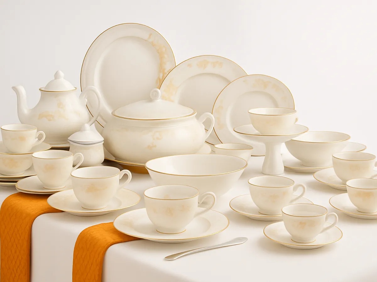 Juego de Comedor en Porcelana Noritak Designed 52 Piezas - Arena y Blanco Minimalista